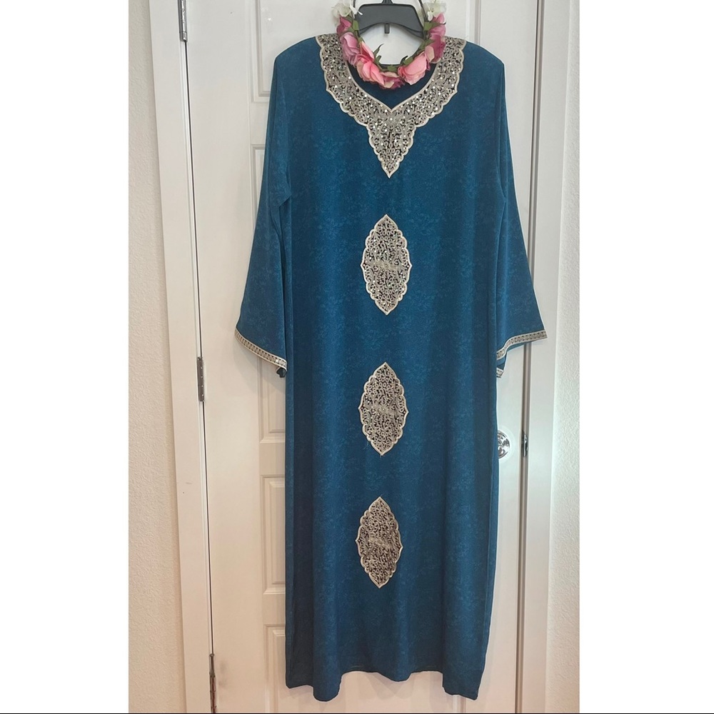 - Women’s Middle Eastern Blue & Good Sequin Embellished Kaftan Dress